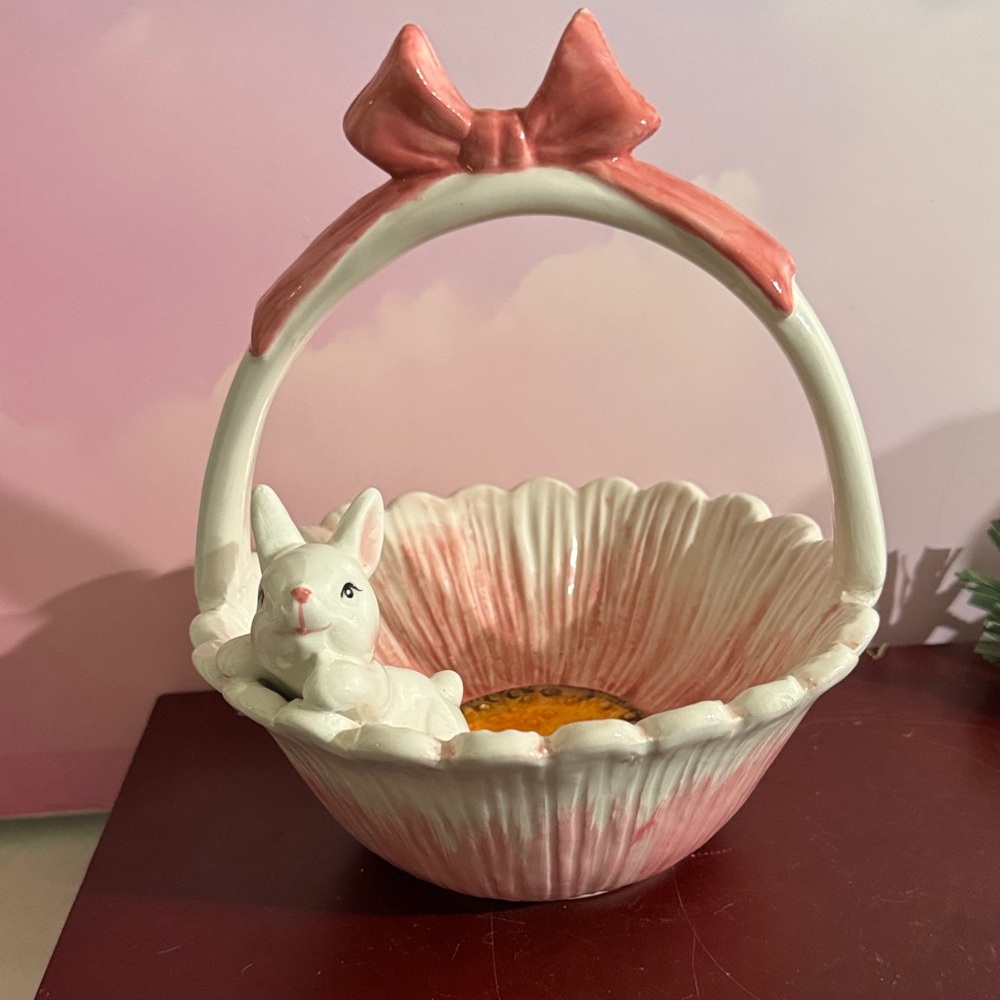 Vintage Ceramic bunny basket with a pink bow and floral motif
